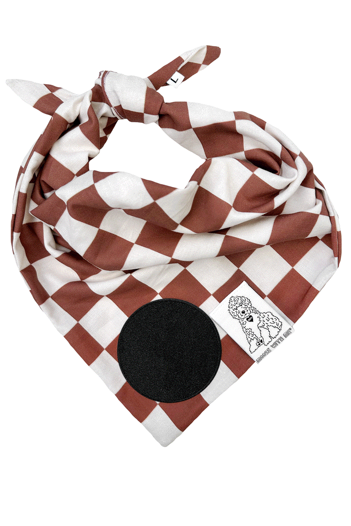 Dog Bandana Checkered Print - Brown - Customize by adding Interchangeable Velcro Embroidered Patches