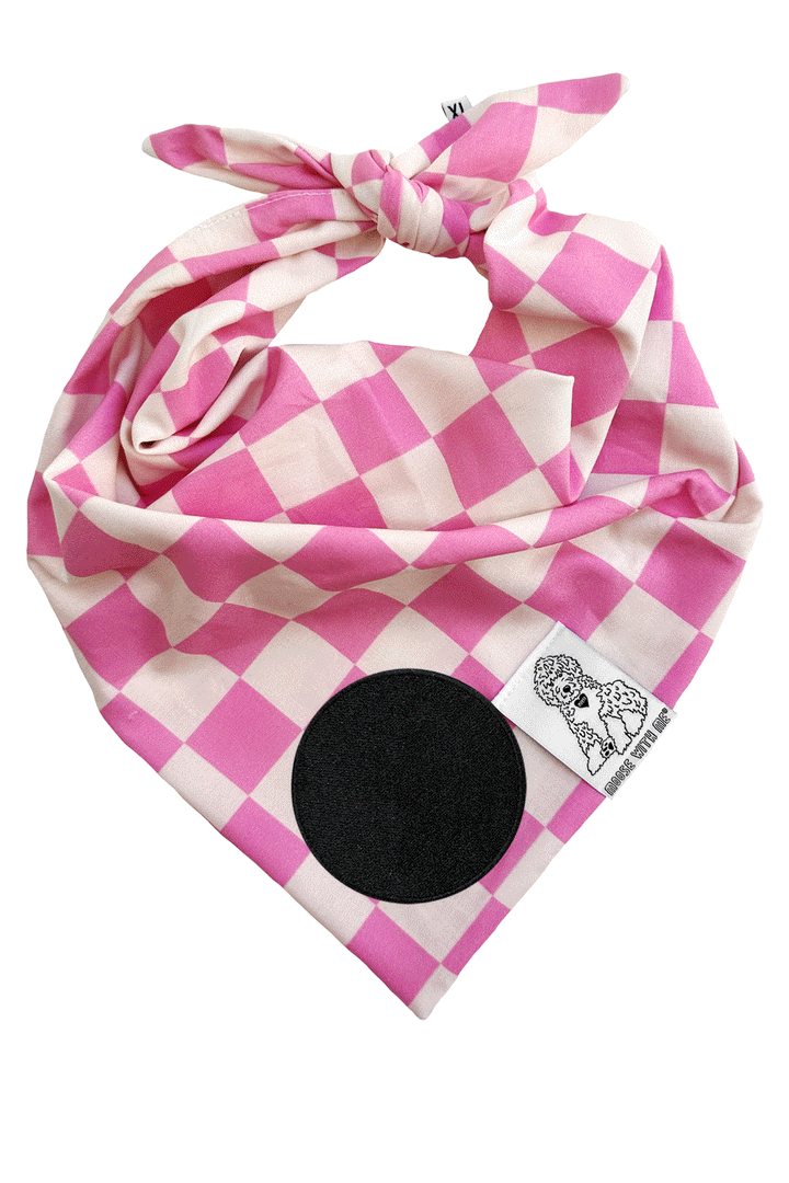 Dog Bandana Checkered Print - Pink - Customize by adding Interchangeable Velcro Embroidered Patches