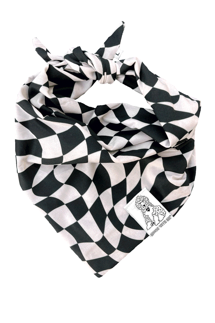 Dog Bandana Checkered Swirl - Black - Customize by adding Interchangeable Velcro Embroidered Patche