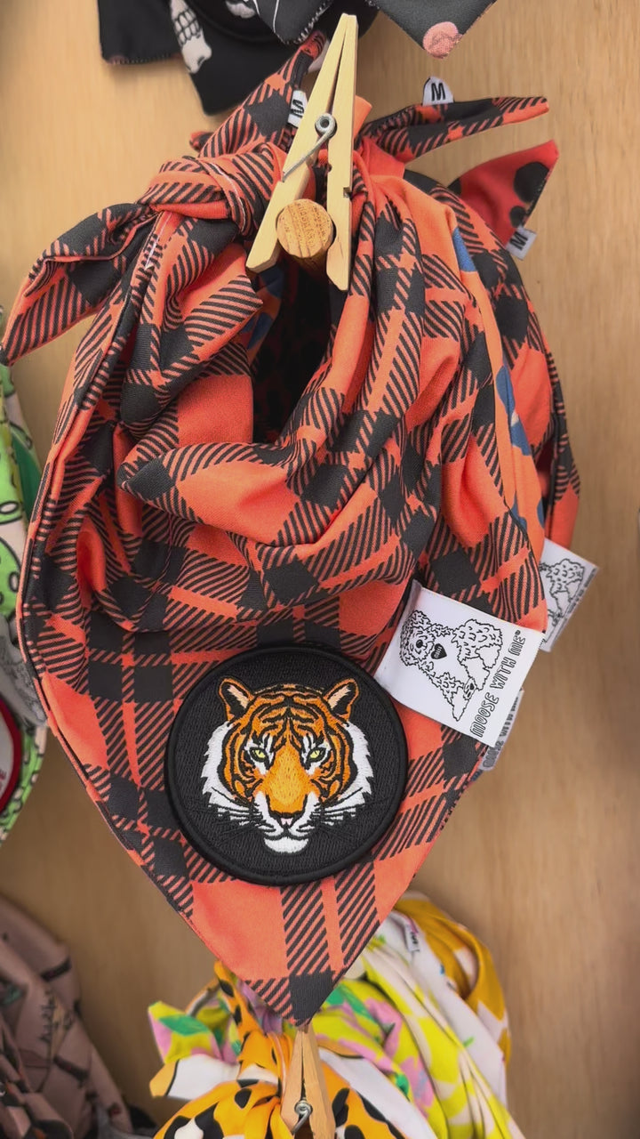 Dog Bandana Orange Plaid - Customize by adding Interchangeable Velcro Embroidered Patches