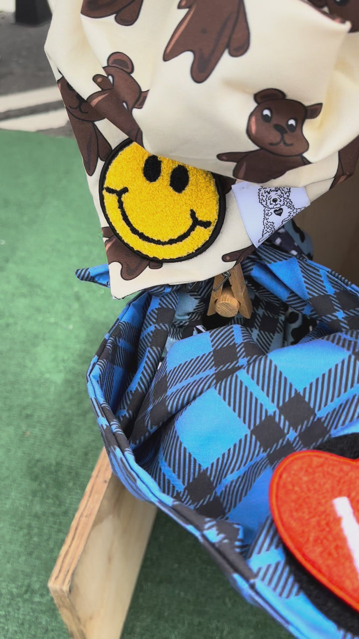 Dog Bandana Blue Plaid - Customize by adding Interchangeable Velcro Embroidered Patches