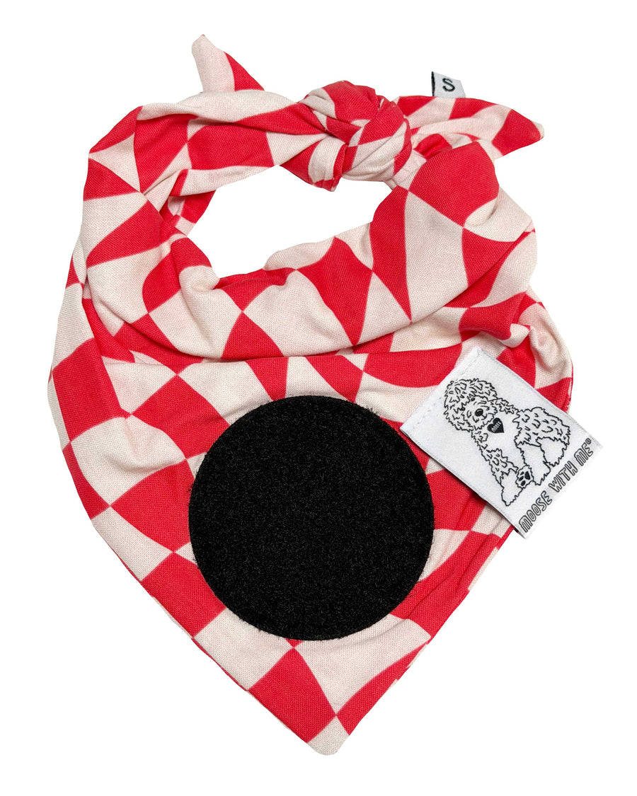 Dog Bandana Checkered Swirl - Red - Customize by adding Interchangeable Velcro Embroidered Patches
