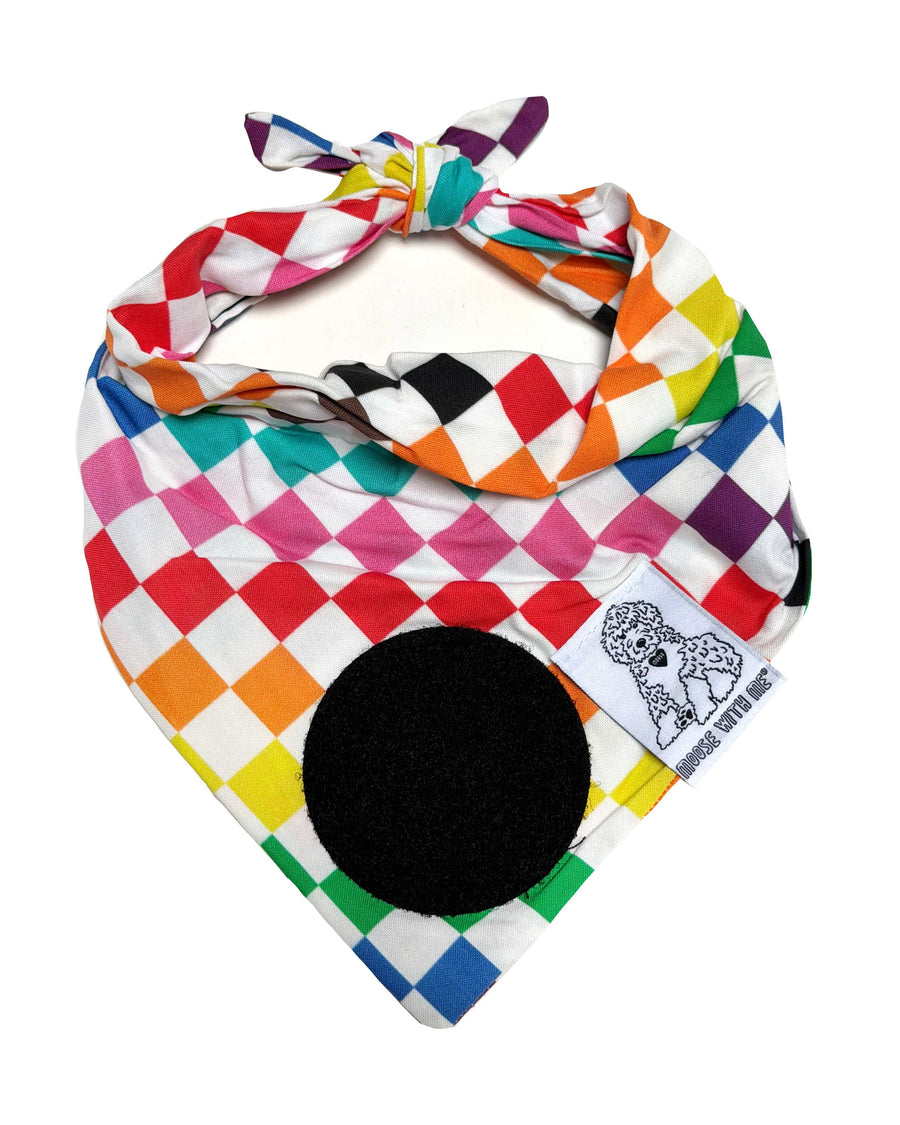 Dog Bandana Checkered - Pride Rainbow - Customize by adding Interchangeable Velcro Embroidered Patches