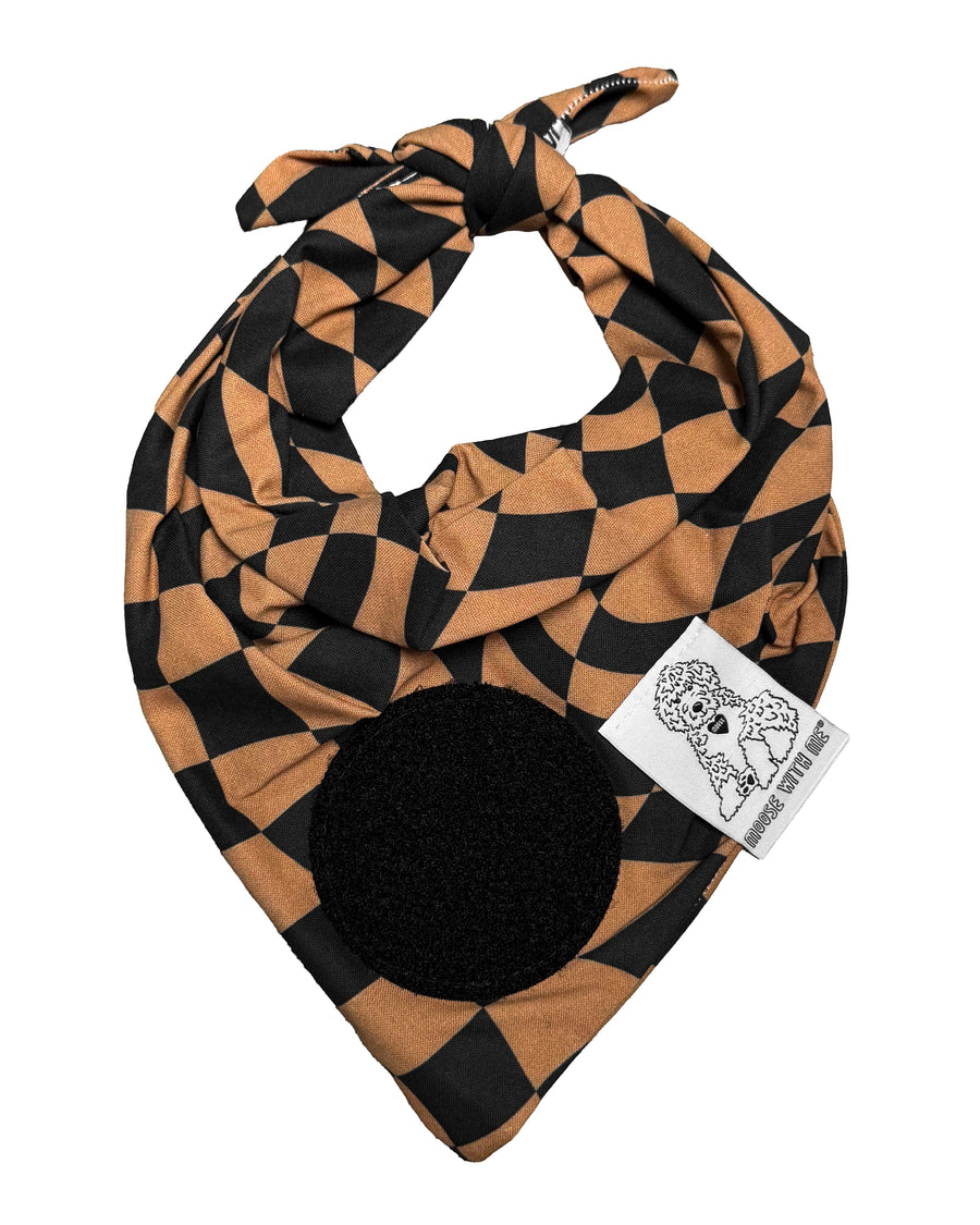 Dog Bandana Checkered Swirl - Black & Brown - Customize by adding Interchangeable Velcro Embroidered Patches