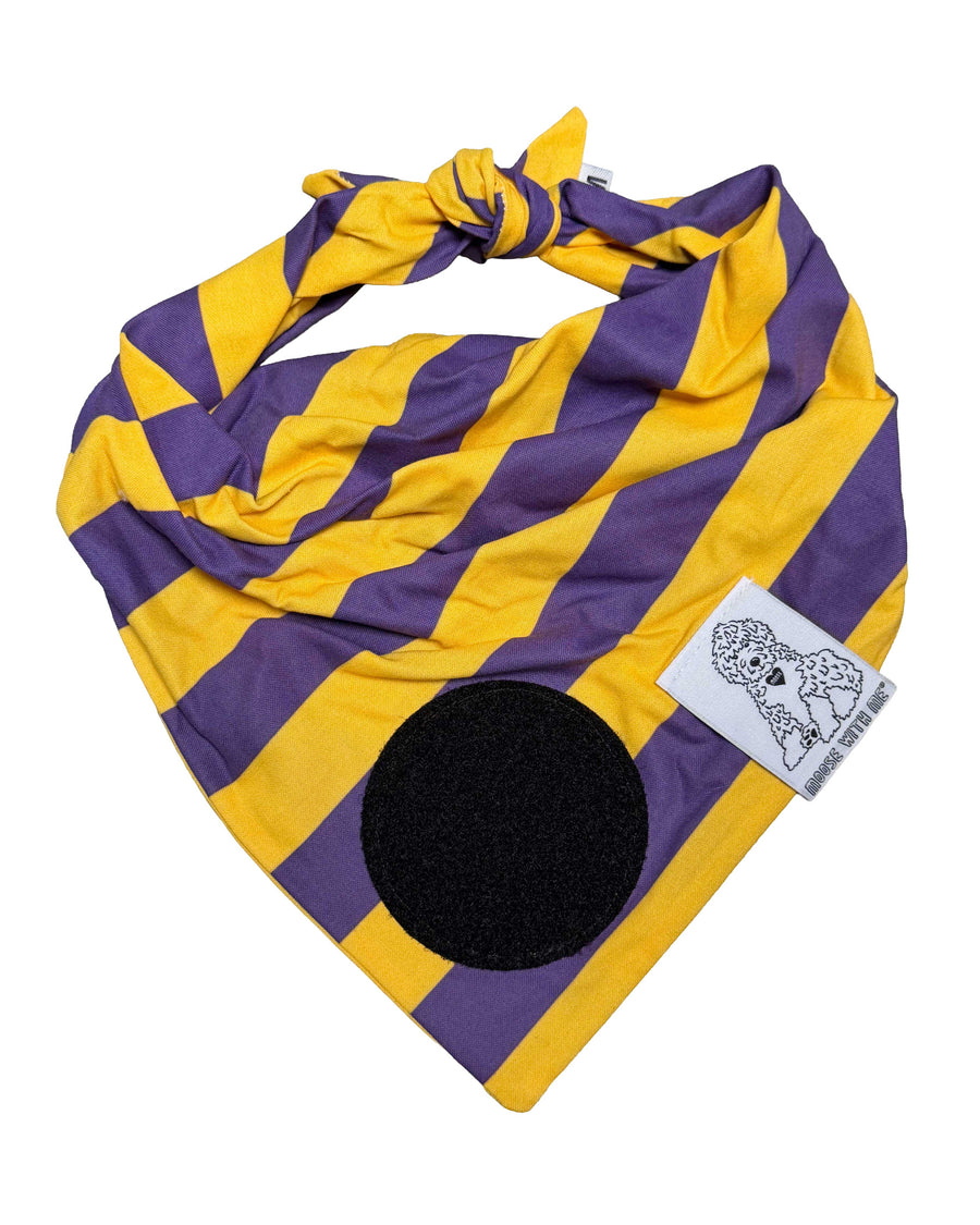 Dog Bandana Stripe - Purple & Yellow - Customize by adding Interchangeable Velcro Embroidered Patches