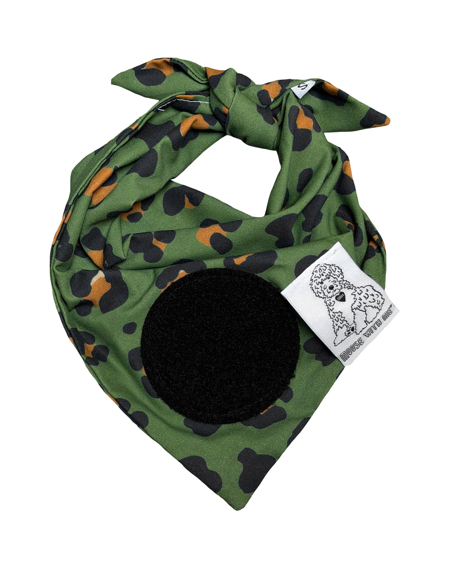 Dog Bandana Dark Green Leopard Print - Customize by adding Interchangeable Velcro Embroidered Patches