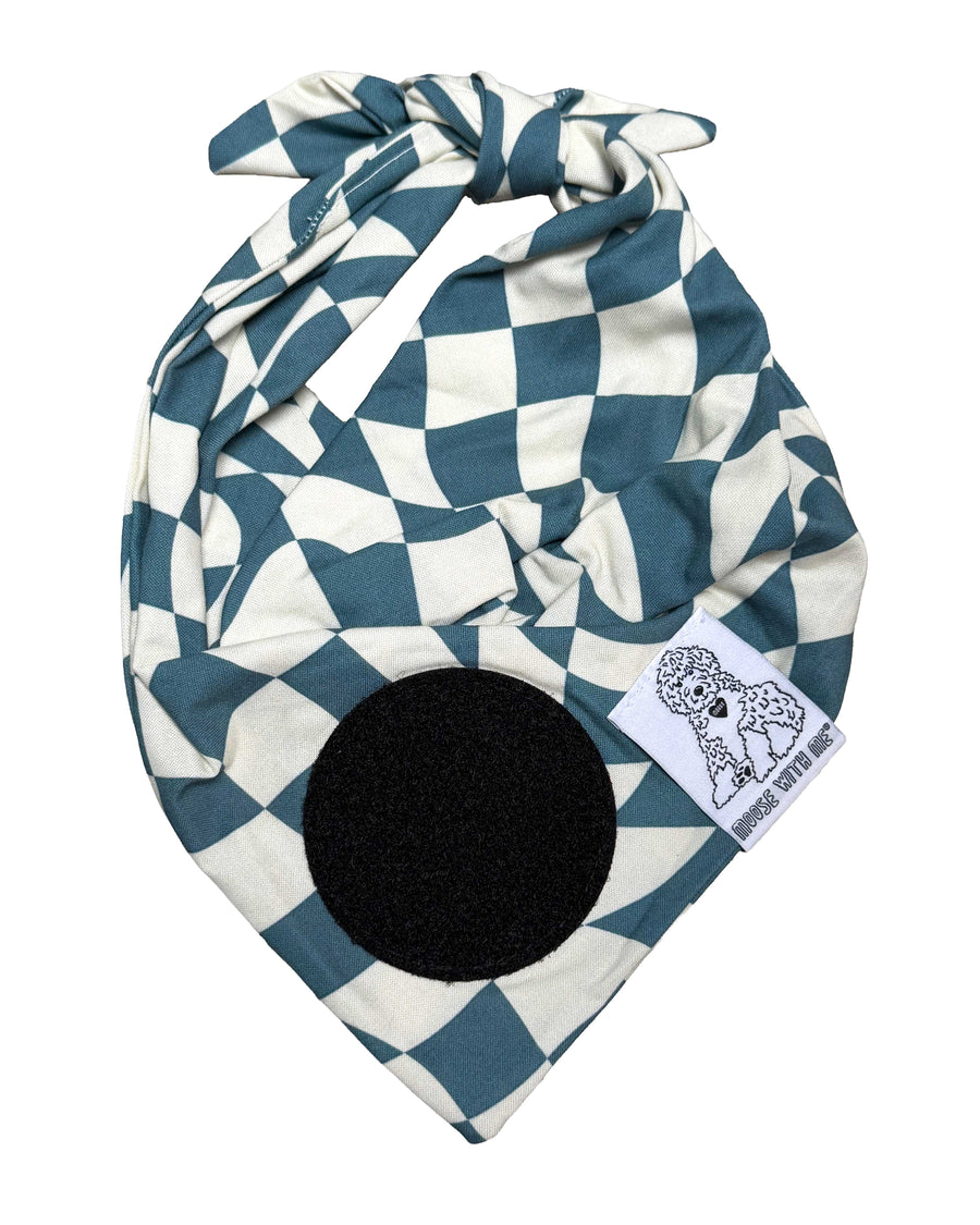 Dog Bandana Checkered Swirl - Blue - Customize by adding Interchangeable Velcro Embroidered Patches