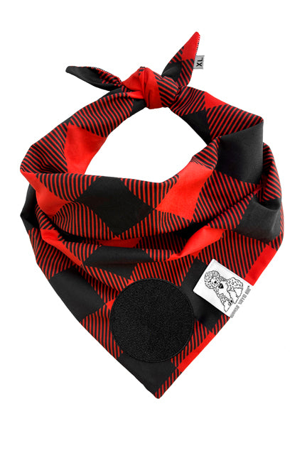 Dog Bandana Buffalo Check - Red - Customize by adding Interchangeable Velcro Embroidered Patches