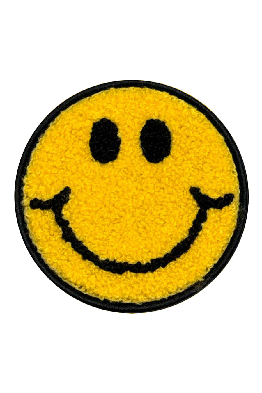 Smiley face patch with yellow background and black outline on a white background