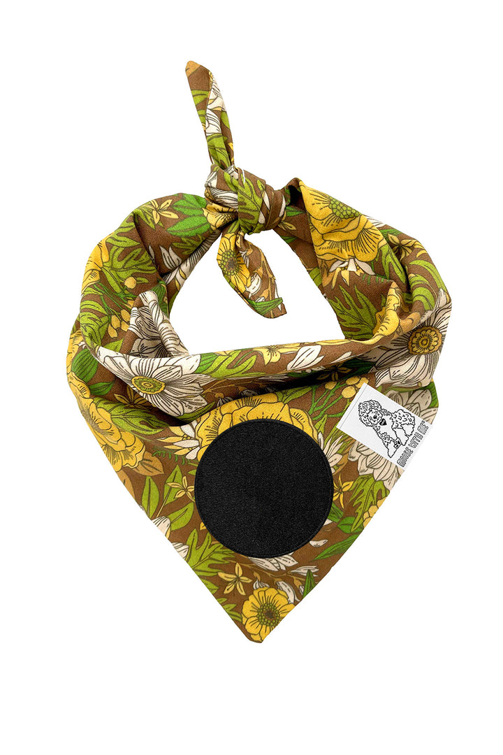 Dog Bandana 60's Floral - Brown - Customize by adding Interchangeable Velcro Embroidered Patches