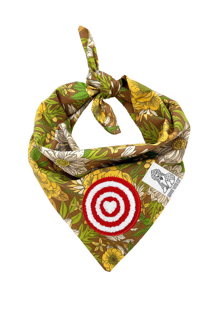 Dog Bandana 60's Floral - Brown - Customize by adding Interchangeable Velcro Embroidered Patches