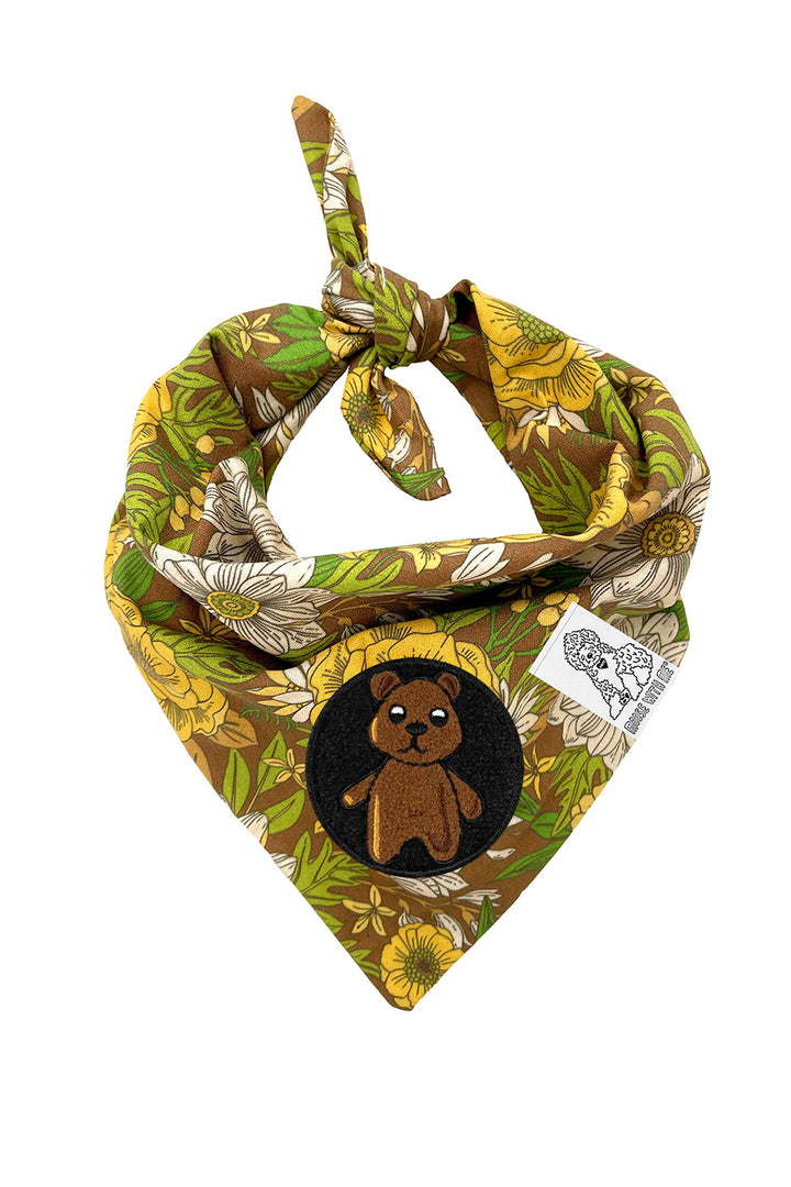 Dog Bandana 60's Floral - Brown - Customize by adding Interchangeable Velcro Embroidered Patches