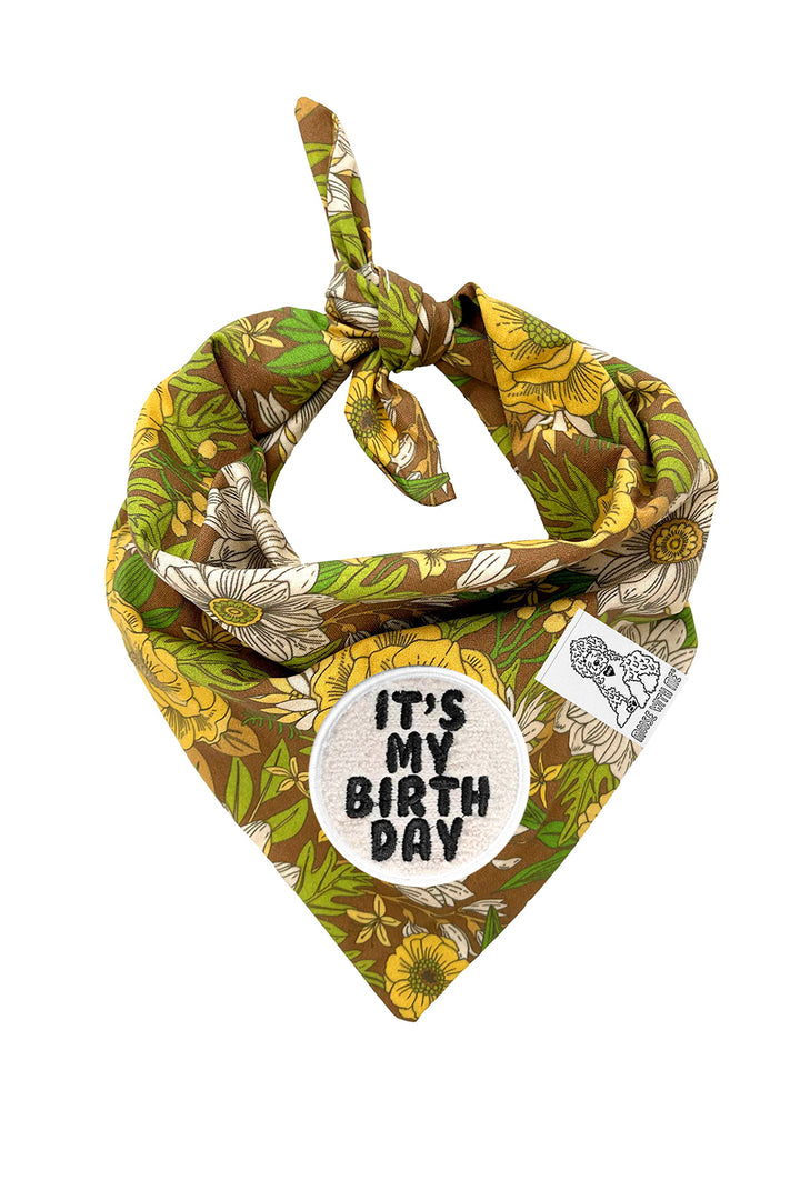 Dog Bandana 60's Floral - Brown - Customize by adding Interchangeable Velcro Embroidered Patches