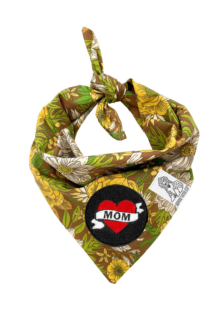 Dog Bandana 60's Floral - Brown - Customize by adding Interchangeable Velcro Embroidered Patches