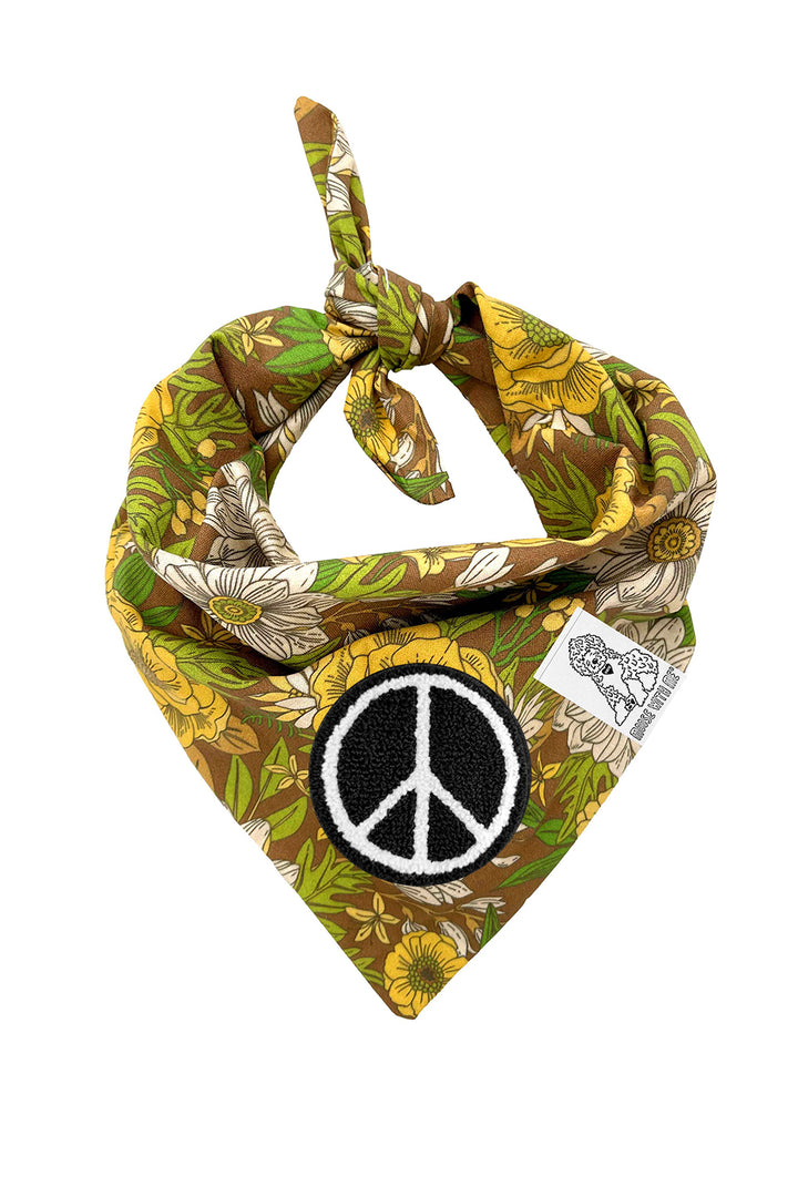 Dog Bandana 60's Floral - Brown - Customize by adding Interchangeable Velcro Embroidered Patches