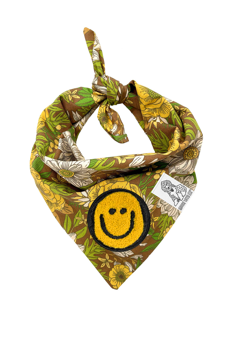 Dog Bandana 60's Floral - Brown - Customize by adding Interchangeable Velcro Embroidered Patches
