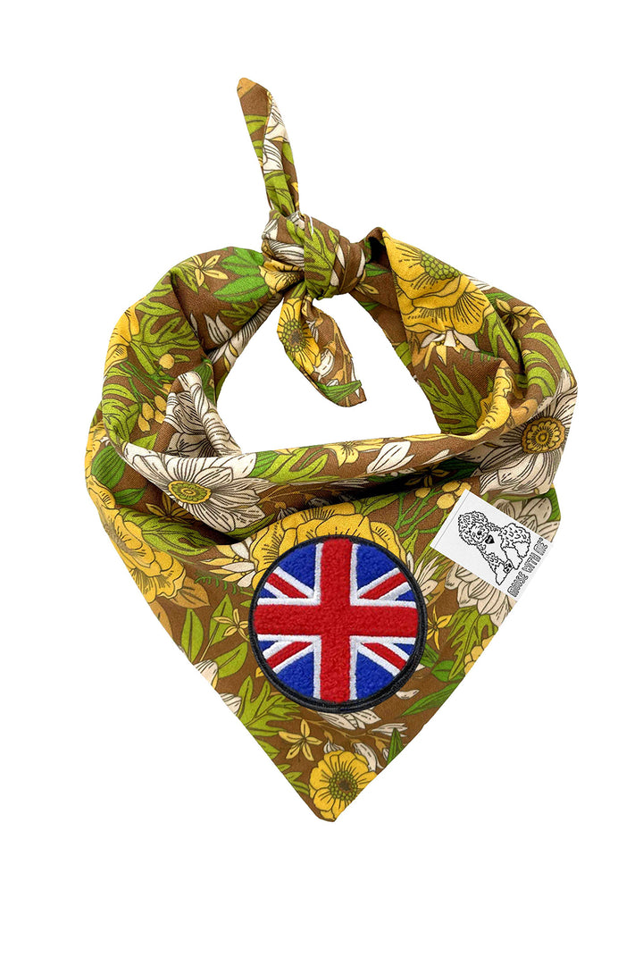 Dog Bandana 60's Floral - Brown - Customize by adding Interchangeable Velcro Embroidered Patches
