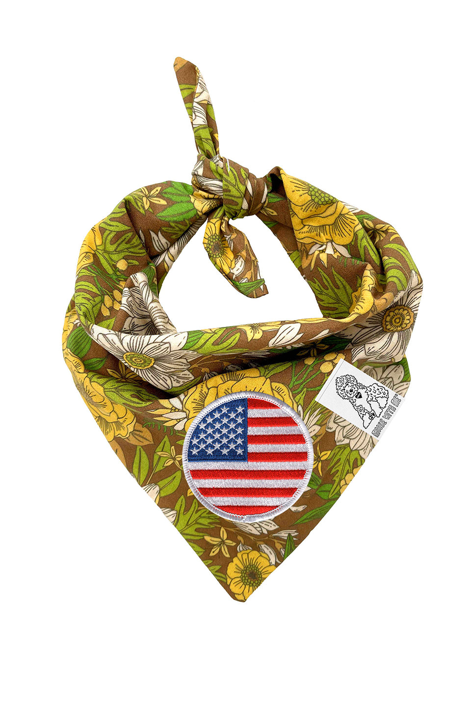 Dog Bandana 60's Floral - Brown - Customize by adding Interchangeable Velcro Embroidered Patches