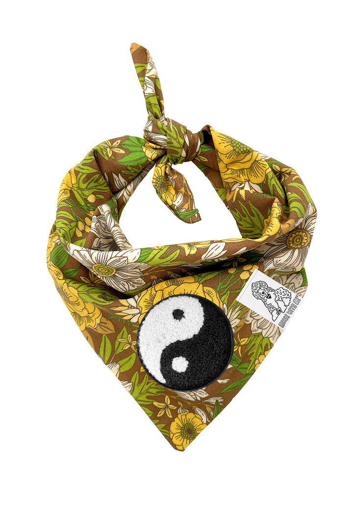 Dog Bandana 60's Floral - Brown - Customize by adding Interchangeable Velcro Embroidered Patches