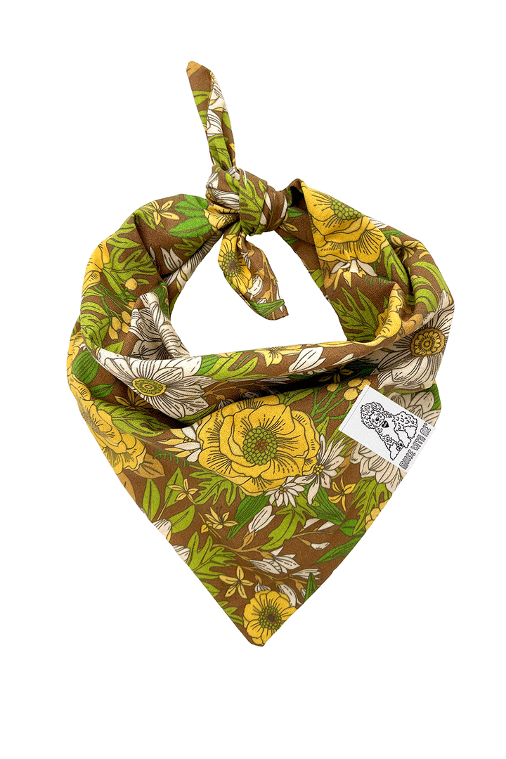 Dog Bandana 60's Floral - Brown - Customize by adding Interchangeable Velcro Embroidered Patches