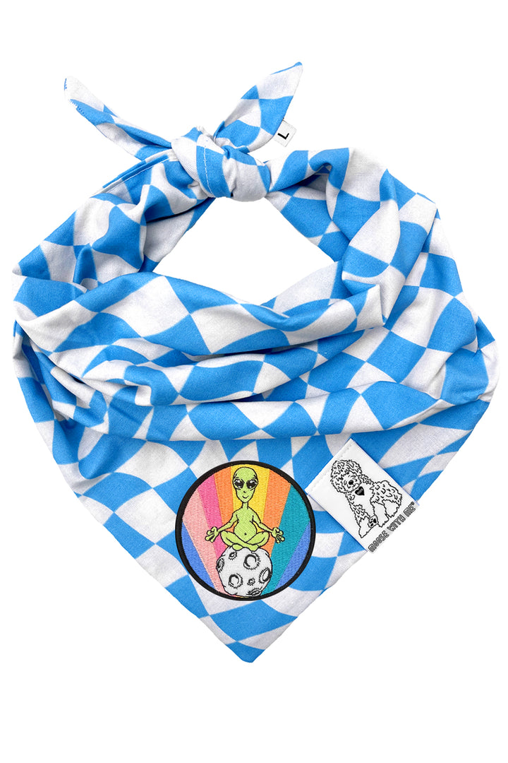 Dog Bandana Checkered Swirl - Blue - Customize by adding Interchangeable Velcro Embroidered Patches
