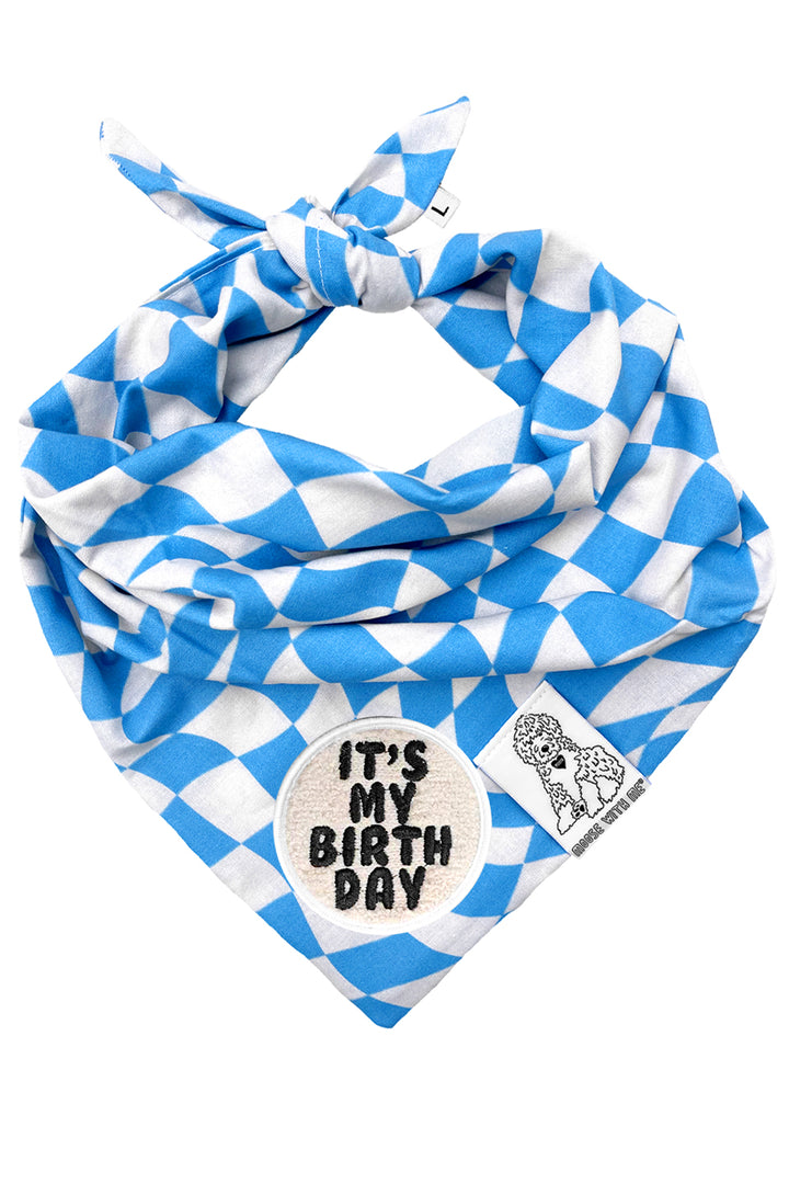 Dog Bandana Checkered Swirl - Blue - Customize by adding Interchangeable Velcro Embroidered Patches