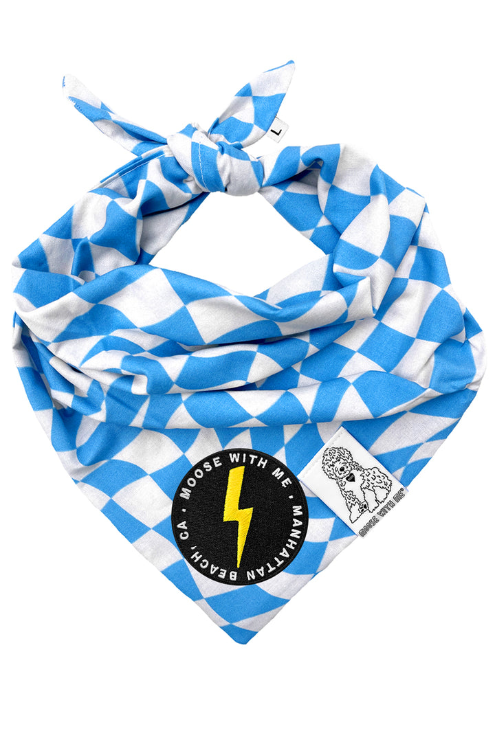 Dog Bandana Checkered Swirl - Blue - Customize by adding Interchangeable Velcro Embroidered Patches