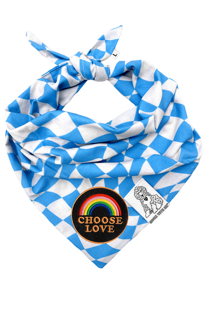 Dog Bandana Checkered Swirl - Blue - Customize by adding Interchangeable Velcro Embroidered Patches