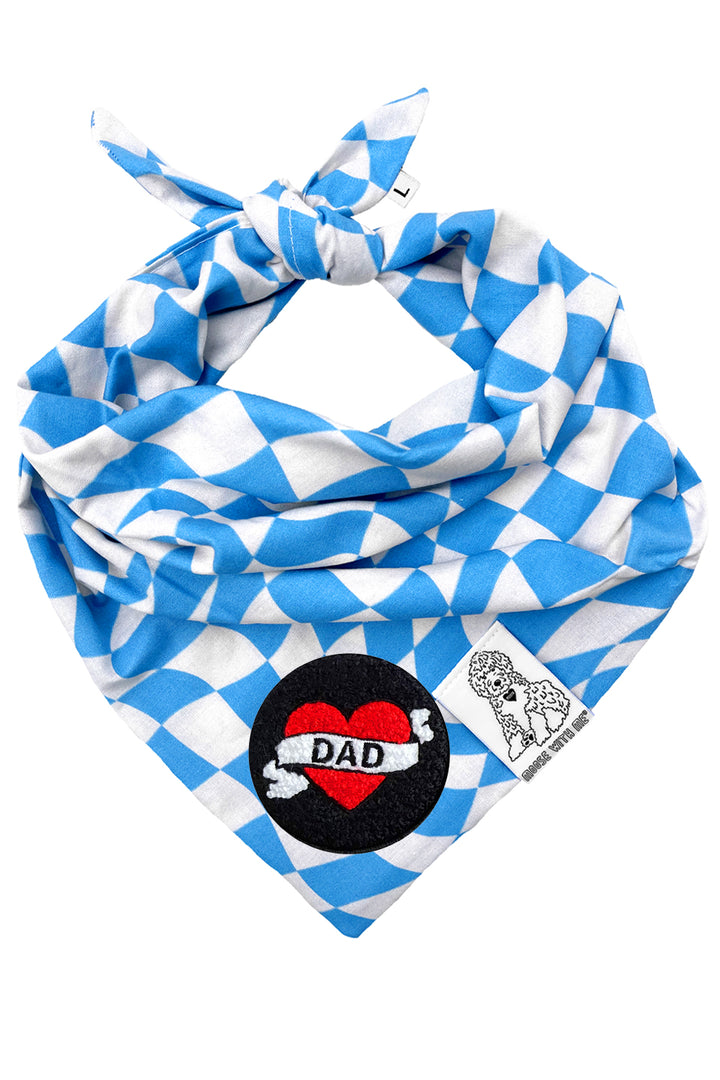 Dog Bandana Checkered Swirl - Blue - Customize by adding Interchangeable Velcro Embroidered Patches