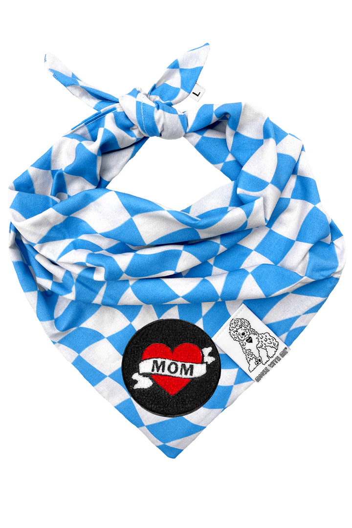 Dog Bandana Checkered Swirl - Blue - Customize by adding Interchangeable Velcro Embroidered Patches
