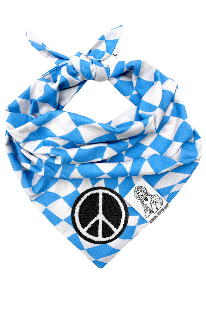 Dog Bandana Checkered Swirl - Blue - Customize by adding Interchangeable Velcro Embroidered Patches
