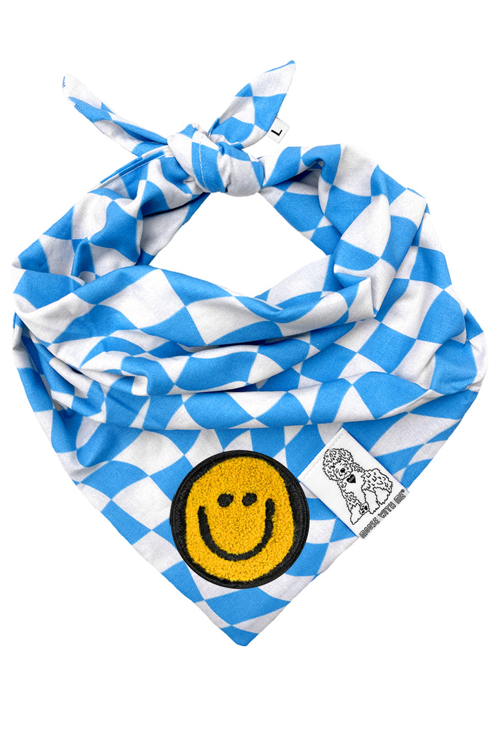 Dog Bandana Checkered Swirl - Blue - Customize by adding Interchangeable Velcro Embroidered Patches