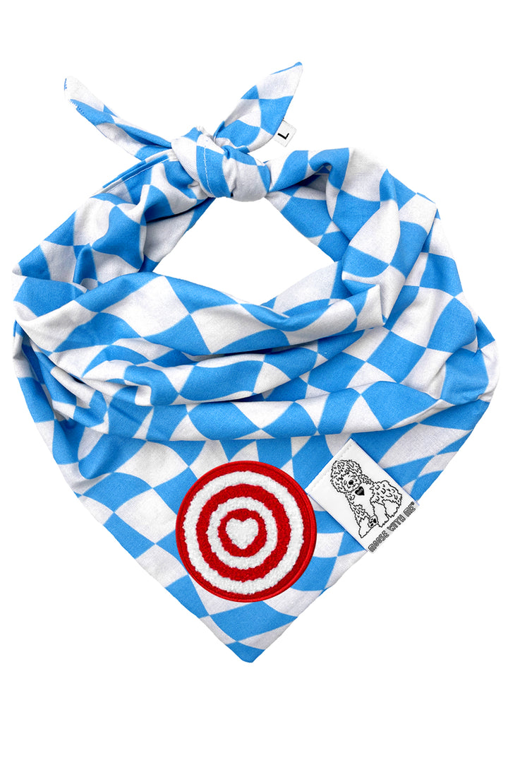 Dog Bandana Checkered Swirl - Blue - Customize by adding Interchangeable Velcro Embroidered Patches
