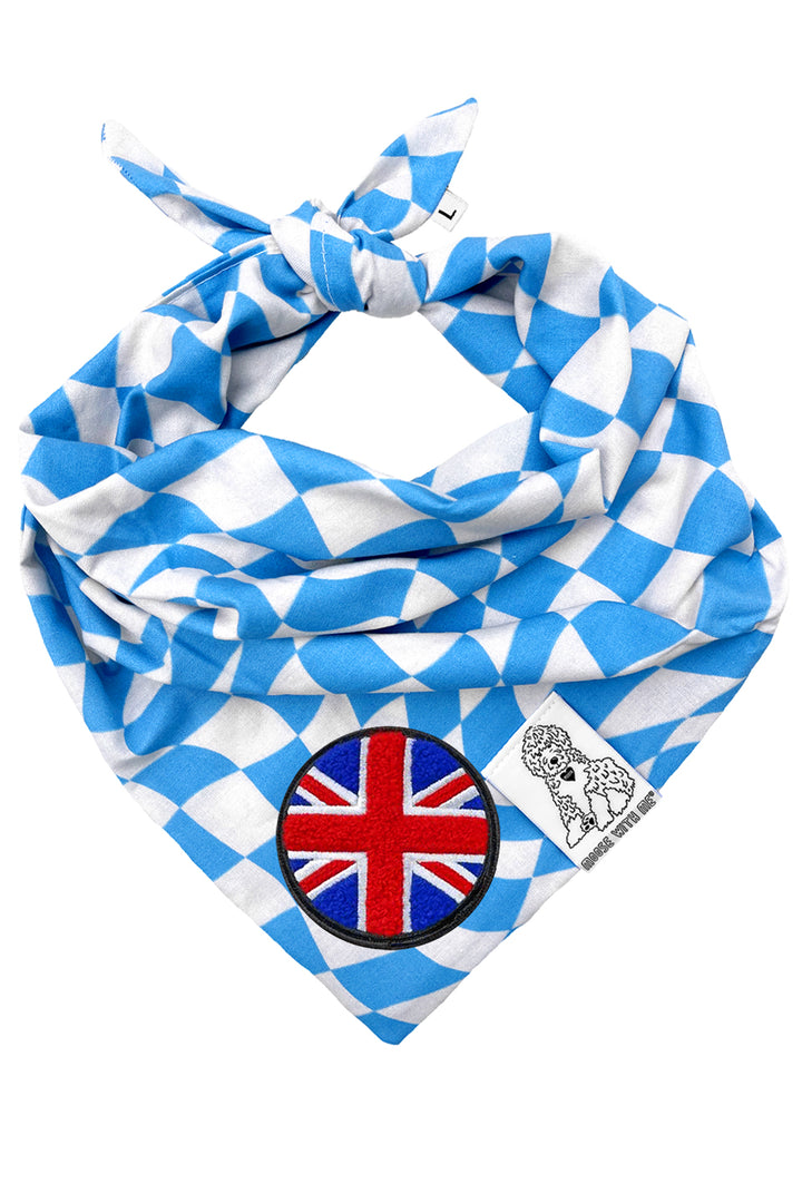 Dog Bandana Checkered Swirl - Blue - Customize by adding Interchangeable Velcro Embroidered Patches
