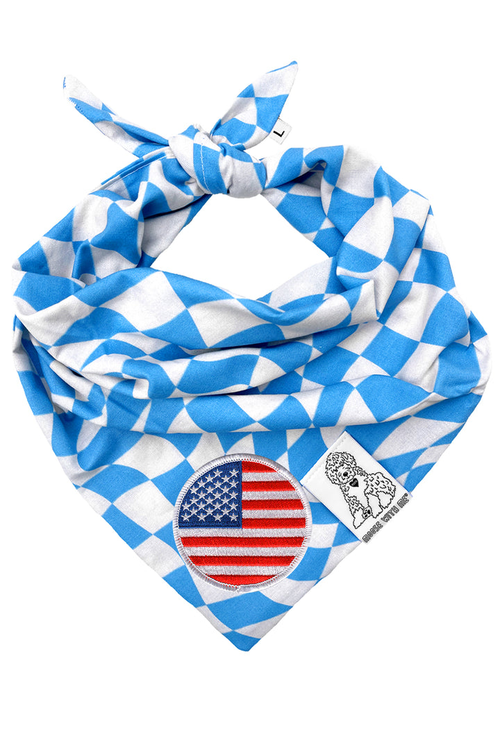 Dog Bandana Checkered Swirl - Blue - Customize by adding Interchangeable Velcro Embroidered Patches