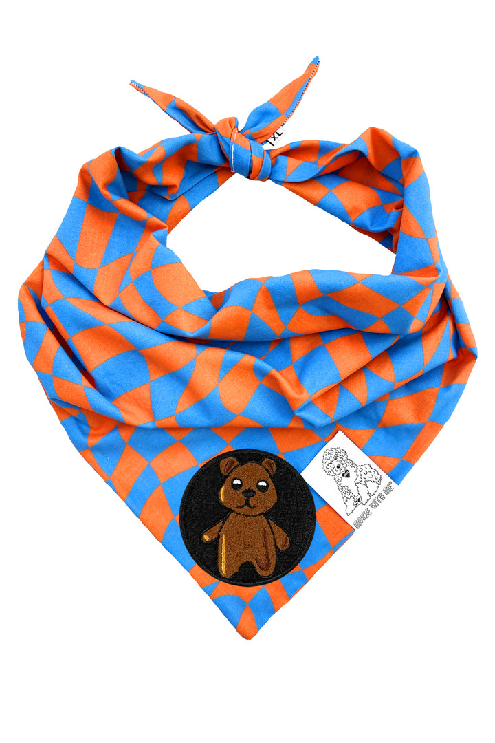 Dog Bandana Checkered Swirl - Orange - Customize by adding Interchangeable Velcro Embroidered Patches