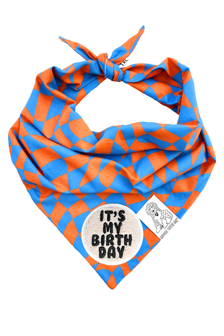 Dog Bandana Checkered Swirl - Orange - Customize by adding Interchangeable Velcro Embroidered Patches