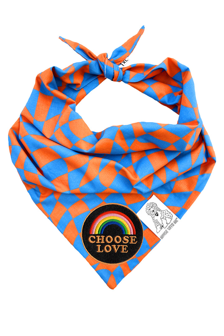Dog Bandana Checkered Swirl - Orange - Customize by adding Interchangeable Velcro Embroidered Patches