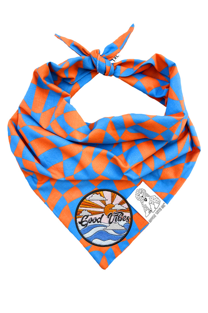 Dog Bandana Checkered Swirl - Orange - Customize by adding Interchangeable Velcro Embroidered Patches