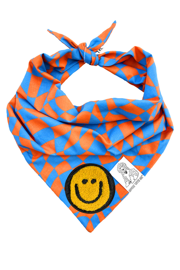 Dog Bandana Checkered Swirl - Orange - Customize by adding Interchangeable Velcro Embroidered Patches