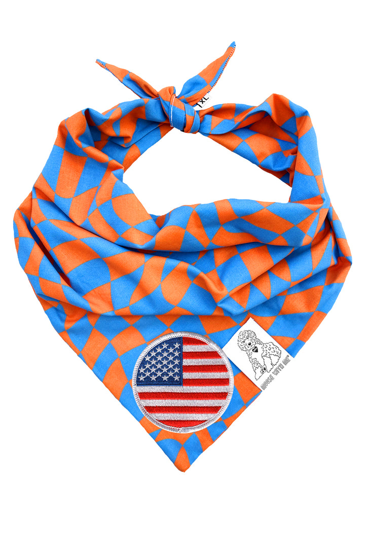Dog Bandana Checkered Swirl - Orange - Customize by adding Interchangeable Velcro Embroidered Patches