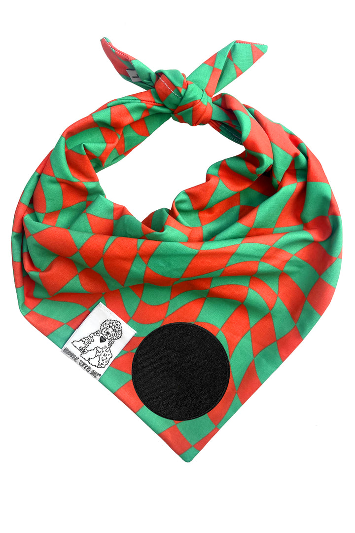 Dog Bandana Christmas Checkered Swirl - Red - Customize by adding Interchangeable Velcro Embroidered Patches
