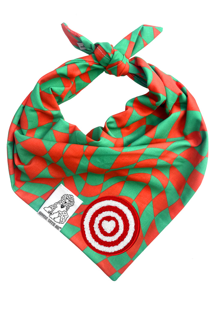Dog Bandana Christmas Checkered Swirl - Red - Customize by adding Interchangeable Velcro Embroidered Patches