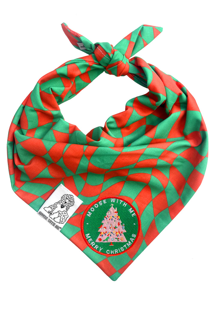 Dog Bandana Christmas Checkered Swirl - Red - Customize by adding Interchangeable Velcro Embroidered Patches