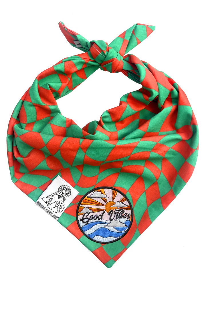Dog Bandana Christmas Checkered Swirl - Red - Customize by adding Interchangeable Velcro Embroidered Patches