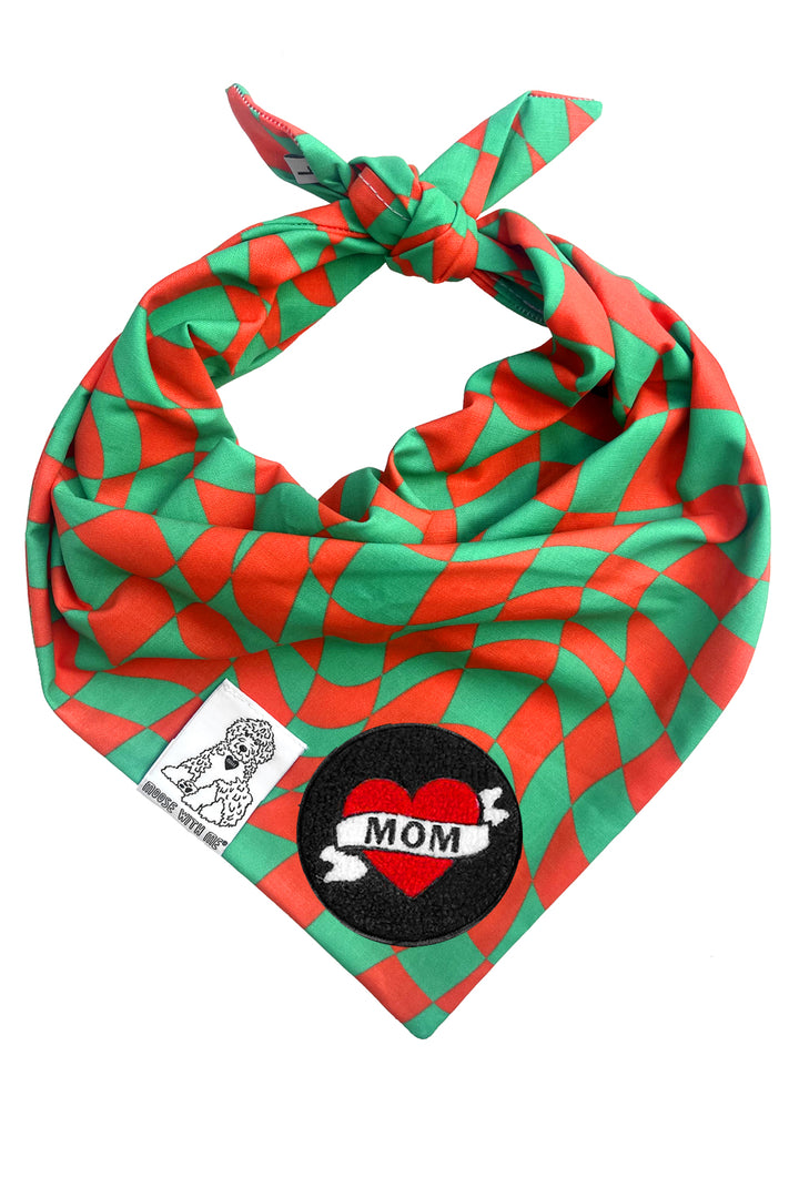 Dog Bandana Christmas Checkered Swirl - Red - Customize by adding Interchangeable Velcro Embroidered Patches