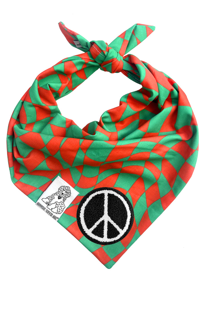 Dog Bandana Christmas Checkered Swirl - Red - Customize by adding Interchangeable Velcro Embroidered Patches