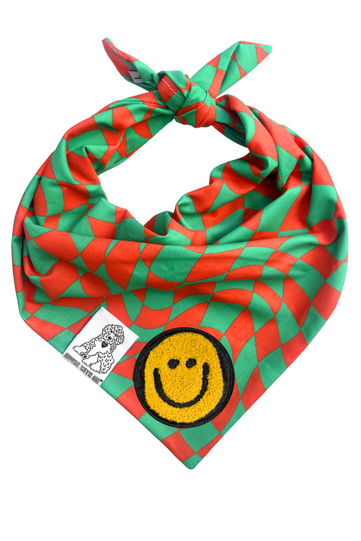 Dog Bandana Christmas Checkered Swirl - Red - Customize by adding Interchangeable Velcro Embroidered Patches