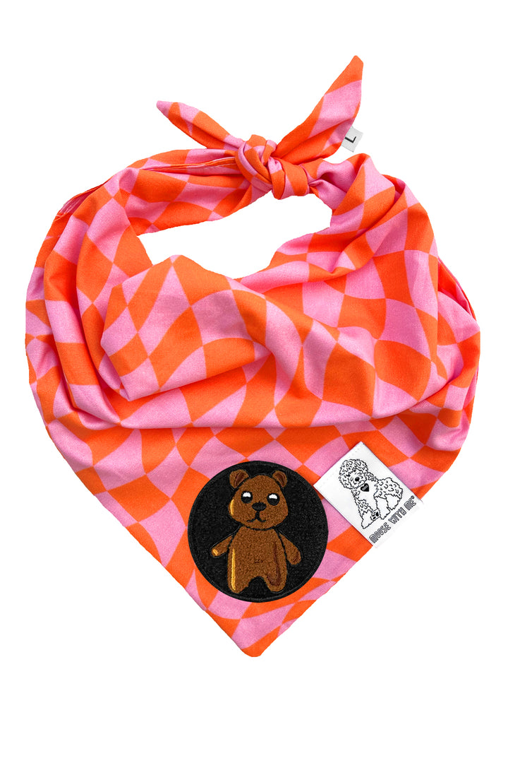 Dog Bandana Checkered Swirl - Pink - Customize by adding Interchangeable Velcro Embroidered Patches