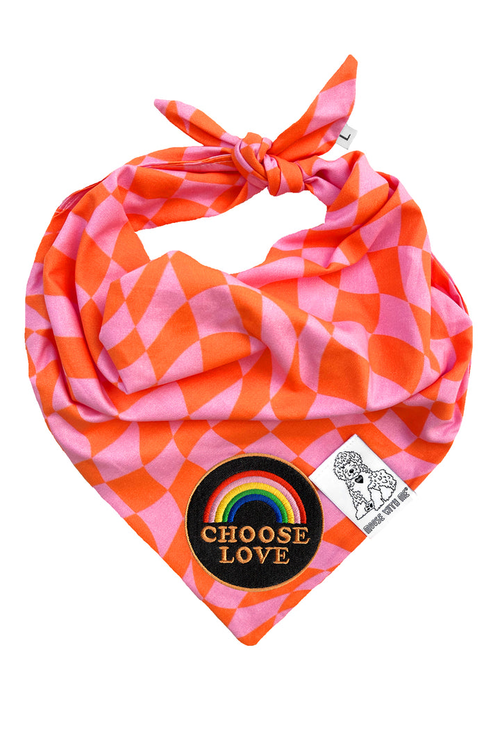 Dog Bandana Checkered Swirl - Pink - Customize by adding Interchangeable Velcro Embroidered Patches